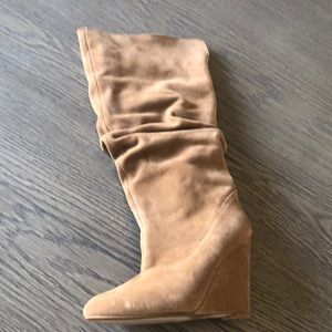 Suede Tan Slouchy wedge boot.
